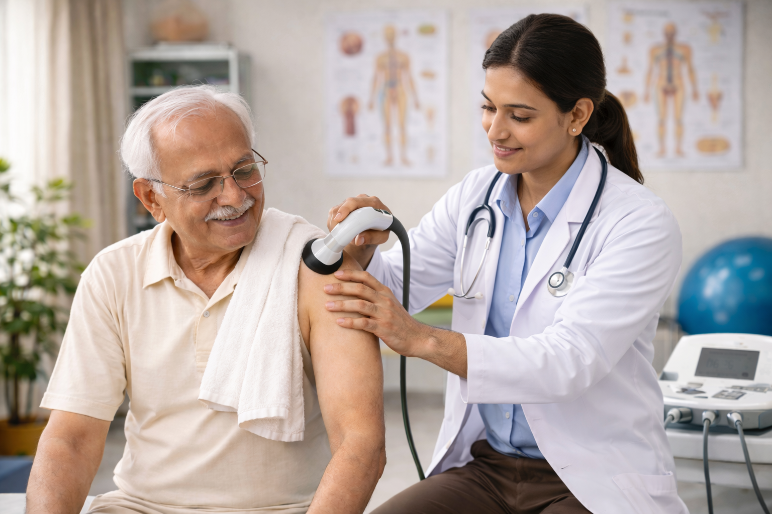 A therapist applying pain relief techniques to a patient's back.